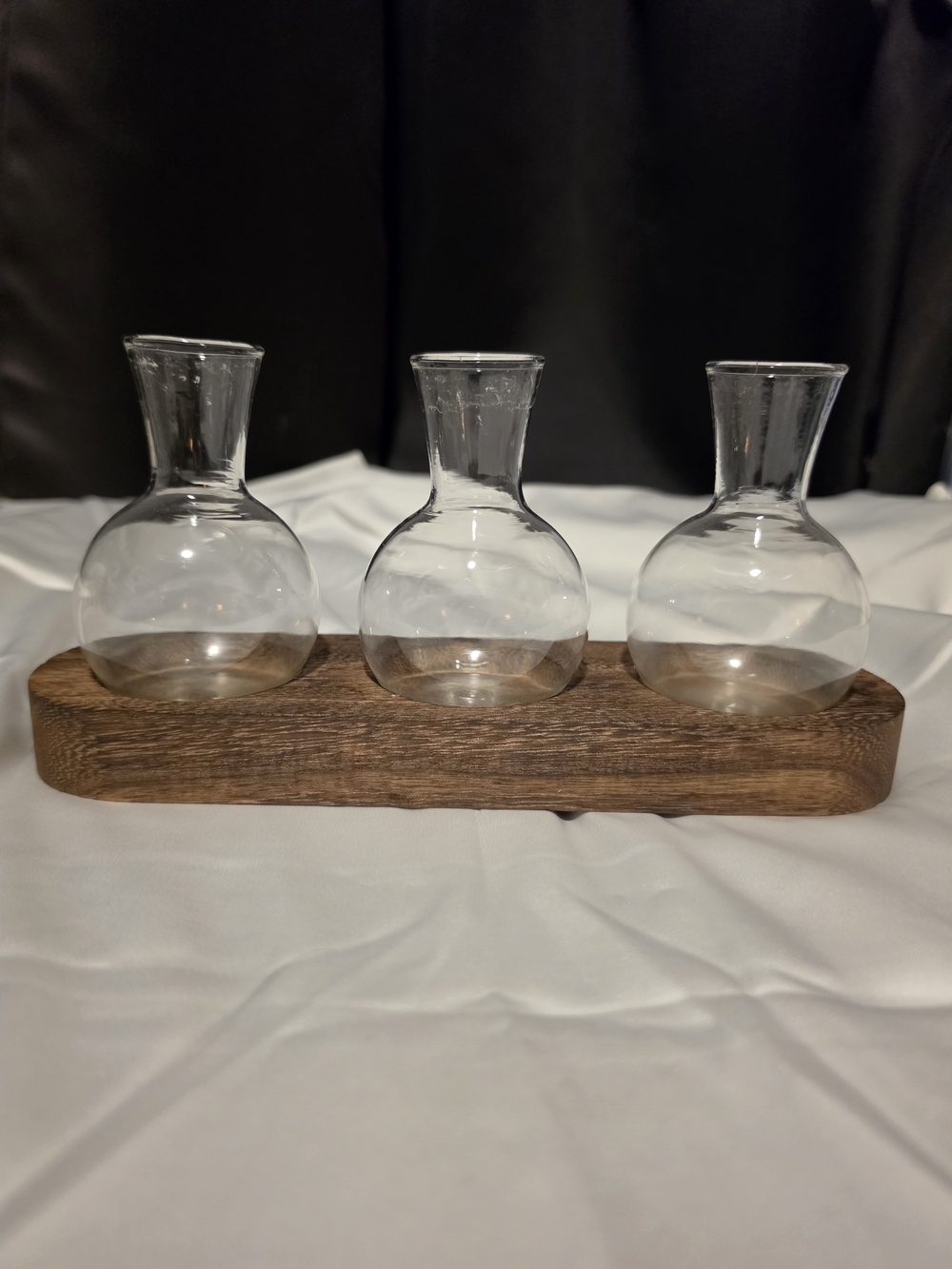 Clear Glass Bud Vases on Walnut Wood Tray - Home Accents